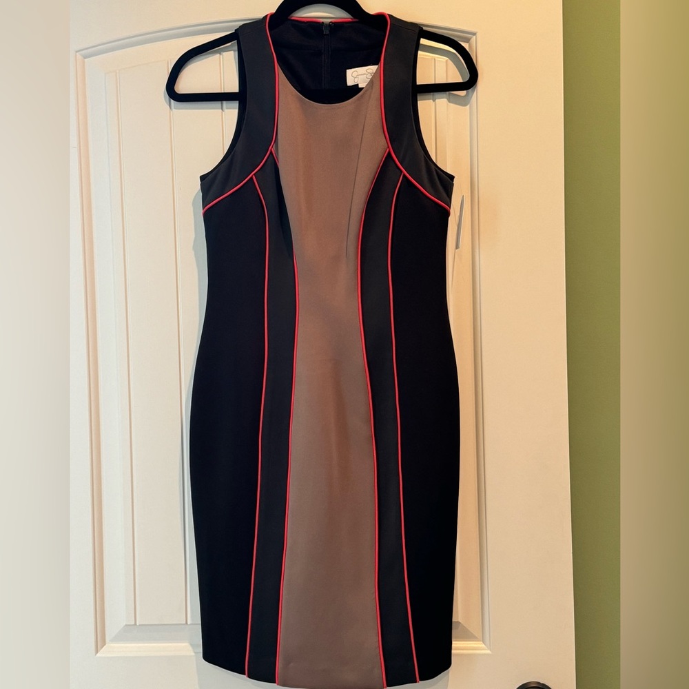 Jessica Simpson size 4 dress NWT. Black with tan blocking w/ burnt orange trim.